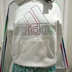 Adidas Kids White Hoodie with Rainbow Stripes. Sporty girl, weather essential.